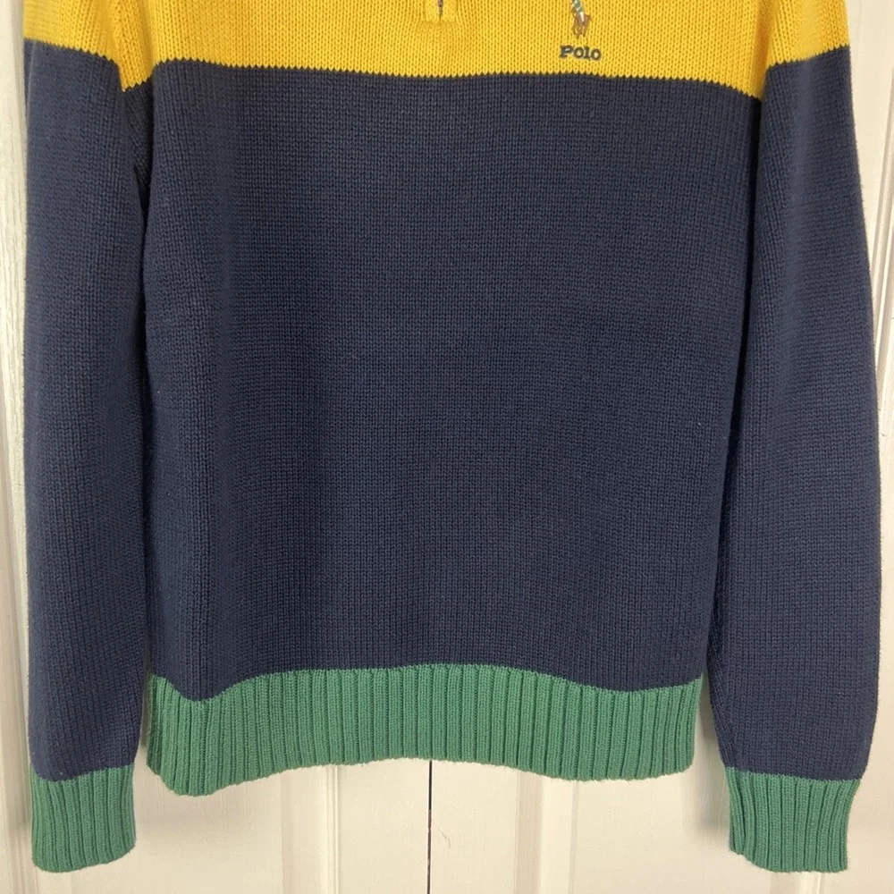 Polo Ralph Lauren Quarter Zip Sweater Boys XL Navy Yellow‎ Green Striped A33